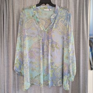 Susan Graver Tunic Top Women's 3X Sheer Paisley Blue Green Long Sleeve Layering